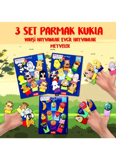 3 Set - 30 Parça  Evcil , Vahşi Hayvanlar ve Meyveler Parmak Kukla