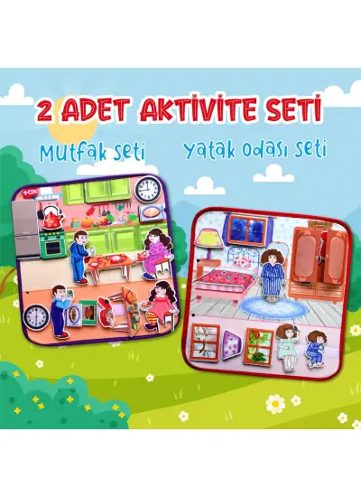 2 Set - 32 Parça  Mutfak ve Yatak Odası Keçe Cırtlı Aktivite Sayfası - Çocuk Etkinlik , Eğitici Oyuncak