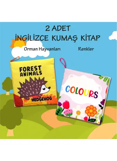 2 Kitap  İngilizce Orman Hayvanları ve Renkler Kumaş Sessiz Kitap