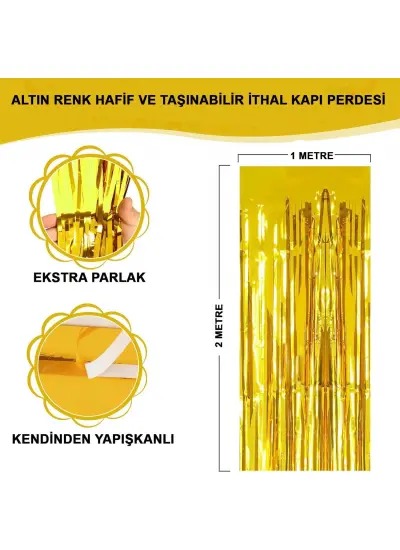 Altın Gold Renk Ekstra Metalize Parlak Saçaklı Arka Fon Perde İthal A Kalite 1x2 Metre