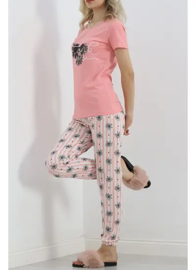 Desenli Pijama Takımı Pudra3