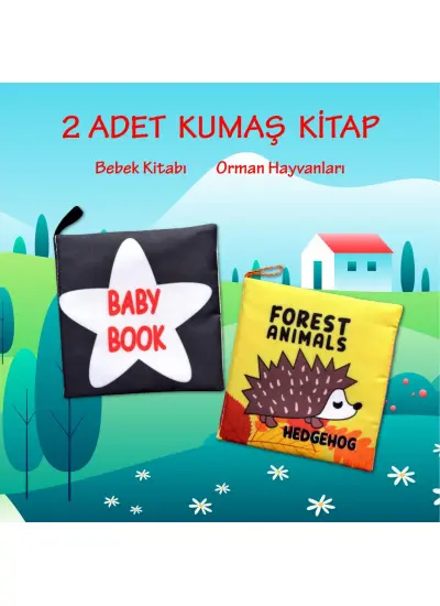 2 Kitap  İngilizce Siyah-Beyaz Bebek ve Orman Hayvanları Kumaş Sessiz Kitap