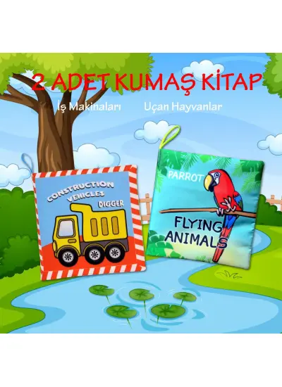 2 Kitap  İngilizce İş Makinaları ve Uçan Hayvanlar Kumaş Sessiz Kitap