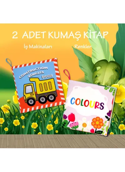 2 Kitap  İngilizce İş Makinaları ve Renkler Kumaş Sessiz Kitap