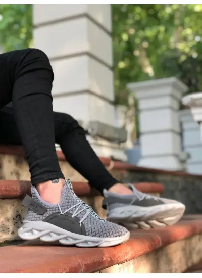 Yüksek Taban Tarz Sneakers Cırt Detaylı Gri Erkek Spor Ayakkabısı