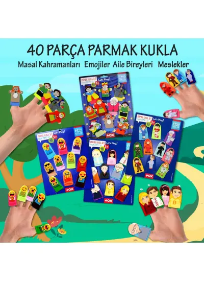 4 Set - 40 Parça  Masal Kahramanları, Aile Bireyleri , Meslekler ve Emojiler Parmak Kukla