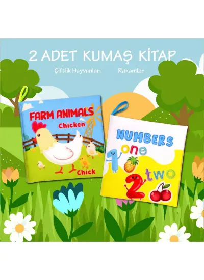 2 Kitap  İngilizce Çiftlik Hayvanları ve Rakamlar Kumaş Sessiz Kitap