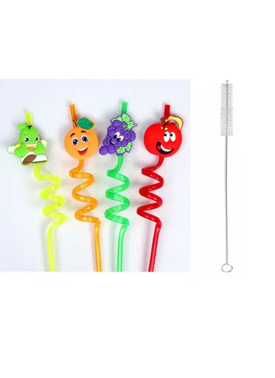 5 Parça Renkli Pipet Seti - Emojili Spiral Kokteyl- Çocuk Pipeti Temizleme Fırçalı