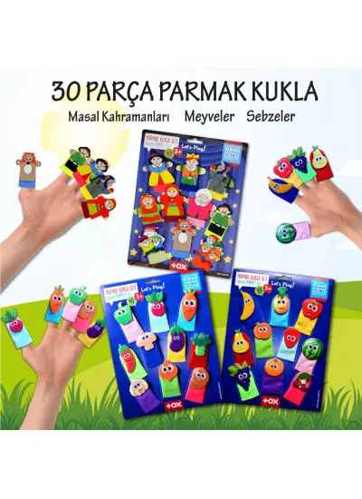 3 Set - 30 Parça  Masal Kahramanları, Meyveler ve Sebzeler Parmak Kukla