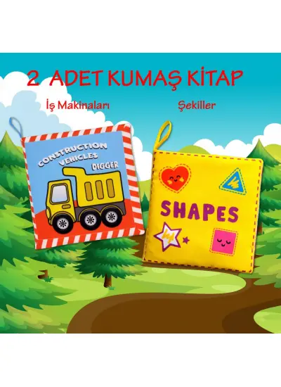 2 Kitap  İngilizce İş Makinaları ve Şekiller Kumaş Sessiz Kitap