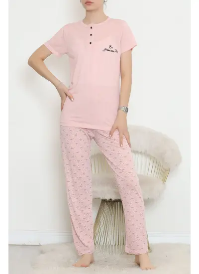 Düğmeli Pijama Takımı Pudra2