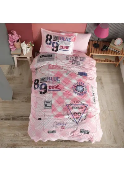 Genç Ranforce Tek Kişilik Nevresim Takımı Denim v1 Pembe