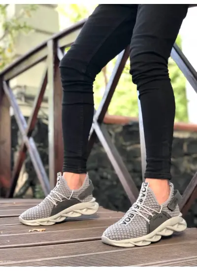 Yüksek Taban Tarz Sneakers Cırt Detaylı Gri Erkek Spor Ayakkabısı