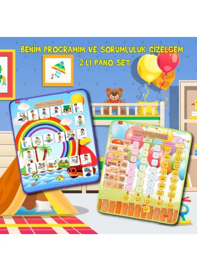 2 Set - 46 Parça  Benim Programım ve Sorumluluk Çizelgem Keçe Cırtlı Duvar Panoları , Eğitici Oyuncak