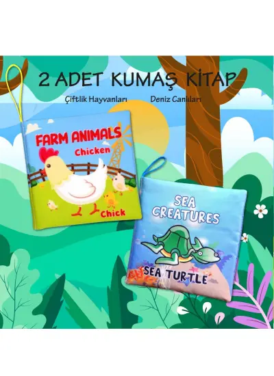 2 Kitap  İngilizce Çiftlik Hayvanları ve Deniz Canlıları Kumaş Sessiz Kitap