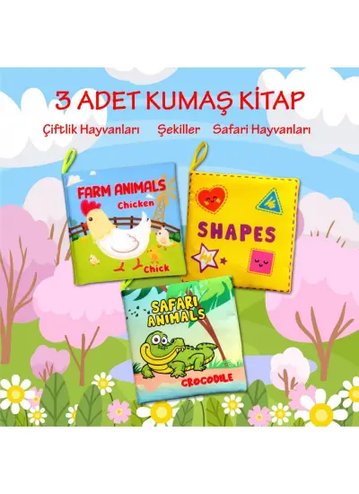 3 Kitap  İngilizce Şekiller , Çiftlik ve Safari Hayvanları Kumaş Sessiz Kitap