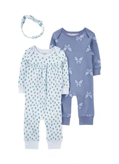 Nessiworld Carters Kız Bebek Tulum Set 3lü Paket 1R038610 Mavi