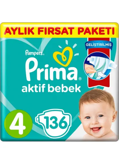 Nessiworld Prima Bebek Bezi Aktif Bebek 4 Beden Aylık Fırsat Paketi 136 Adet