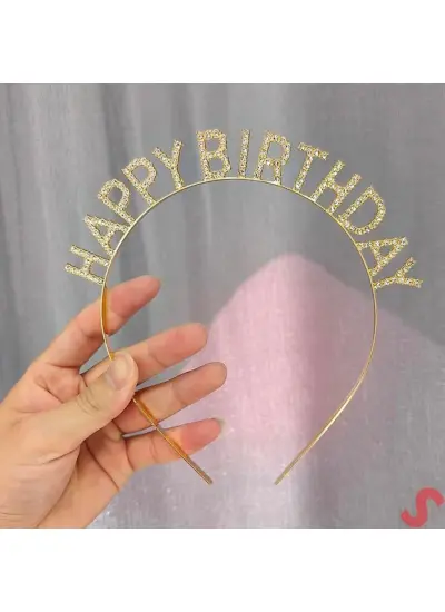 Altın Gold Renk Kristal Taşlı Parlak Happy Birthday Taç 16x17 cm