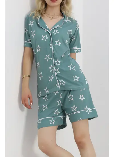 Düğmeli Şortlu Pijama Takımı Mint1