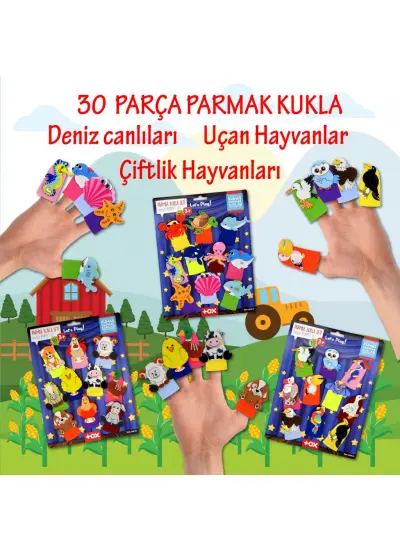 3 Set - 30 Parça  Deniz Canlıları,  Çiftlik ve Uçan Hayvanlar Parmak Kukla