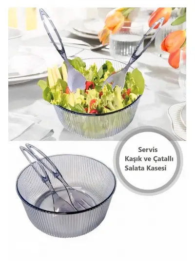 Akrilik, Yuvarlak, Servis Kaşığı ve Çatallı Salata Kasesi Servis Sunum Tabağı 23 cm