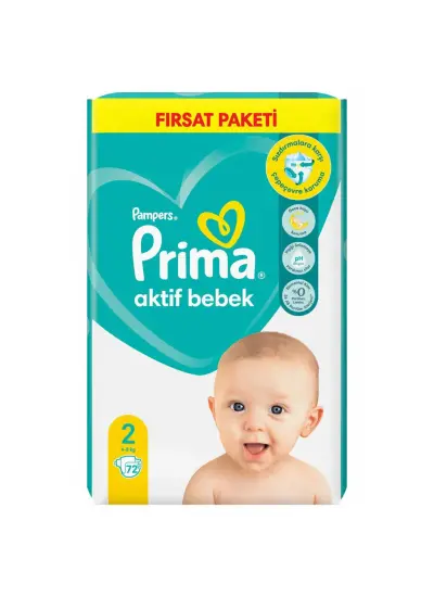 Nessiworld Prima Bebek Bezi Aktif Bebek Fırsat Paket 2 Beden 72 Adet