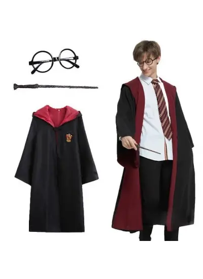 Harry Potter Gryffindor Kapişonlu Çocuk Kostüm + Asa + Gözlük Seti 5-6 Yaş