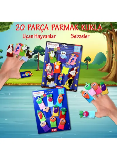 2 Set - 20 Parça  Uçan Hayvanlar ve Sebzeler Parmak Kukla