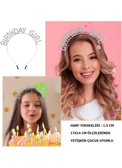 KristalTaşlıGümüşBirthdayGirlYazılıDoğumGünüPartiTacı19x11cm