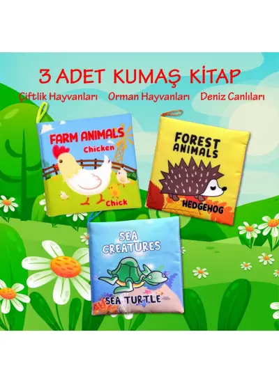 3 Kitap  İngilizce Deniz Canlıları , Çiftlik ve Orman Hayvanları Kumaş Sessiz Kitap