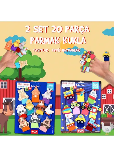 2 Set - 20 Parça  Taşıtlar ve Evcil Hayvanlar Parmak Kukla