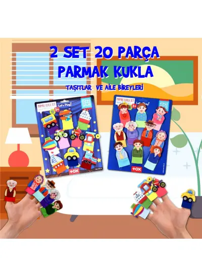 2 Set - 20 Parça  Taşıtlar ve Aile Bireyleri Parmak Kukla