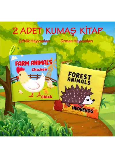 2 Kitap  İngilizce Çiftlik Hayvanları ve Orman Hayvanları Kumaş Sessiz Kitap