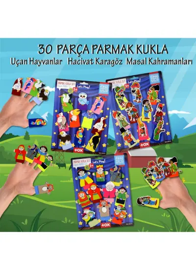 3 Set - 30 Parça  Hacivat Karagöz , Masal Kahramanları ve Uçan Hayvanlar Parmak Kukla