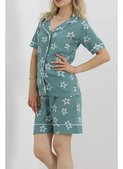 Düğmeli Şortlu Pijama Takımı Mint1