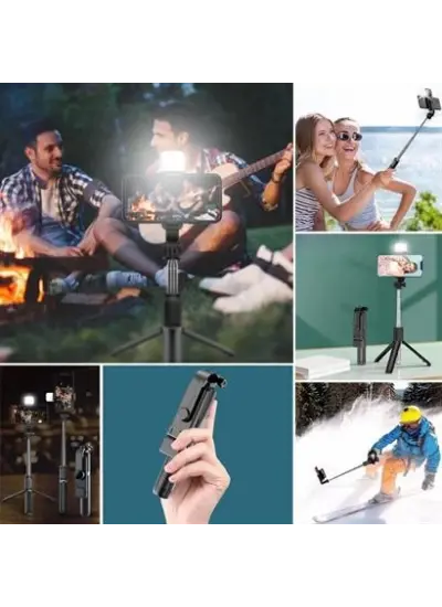 Kendiliğinden Işıklı Masaüstü Tripod Olabilen Telefon Tutuculu Kablosuz Kumandalı Selfie Çubuğu