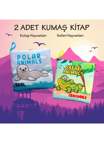 2 Kitap  İngilizce Kutup Hayvanları ve Safari Hayvanları Kumaş Sessiz Kitap