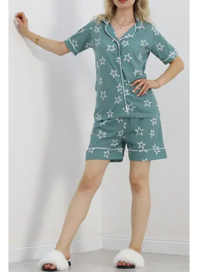 Düğmeli Şortlu Pijama Takımı Mint1