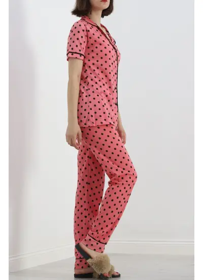 Düğmeli Pijama Takımı Noktalıpembe