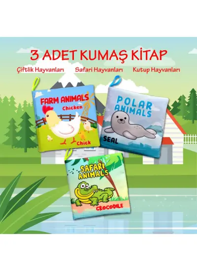 3 Kitap  İngilizce Çiftlik Hayvanları , Kutup ve Safari Hayvanları Kumaş Sessiz Kitap