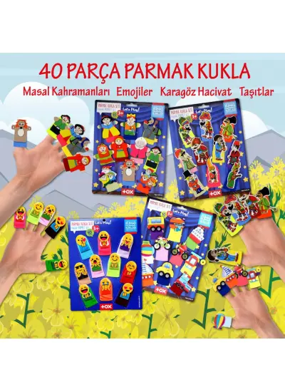 4 Set - 40 Parça  Masal Kahramanları , Emojiler, Karagöz  Hacivat ve Taşıtlar Parmak Kukla