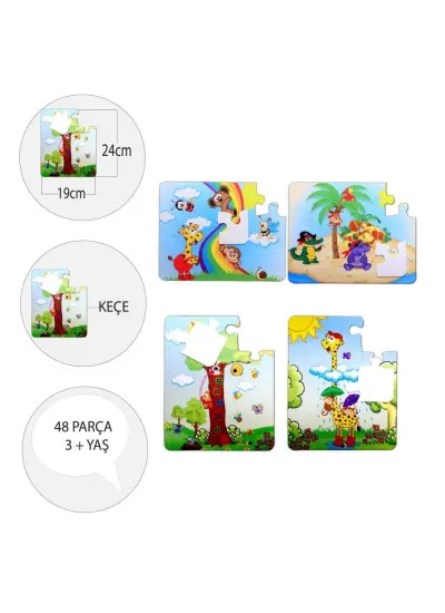 4 Set - 48 Parça  Gökkuşağı ve Zürafa 3+ Keçe Yapboz - 3 Yaş Puzzle