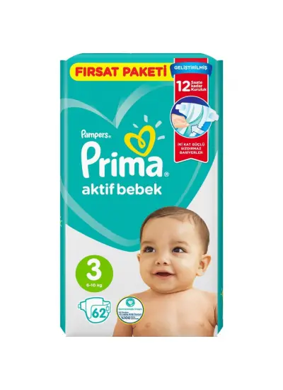 Prima Bebek Bezi Aktif Bebek Fırsat Paket 3 Beden 62 Adet