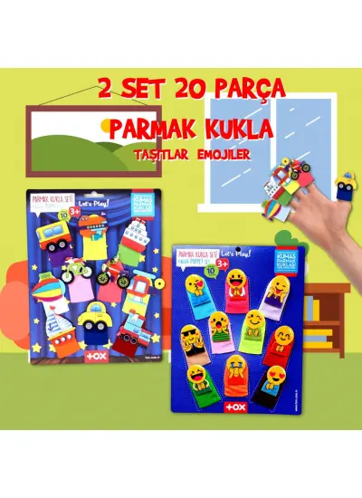 2 Set - 20 Parça  Taşıtlar ve Emojiler Parmak Kukla