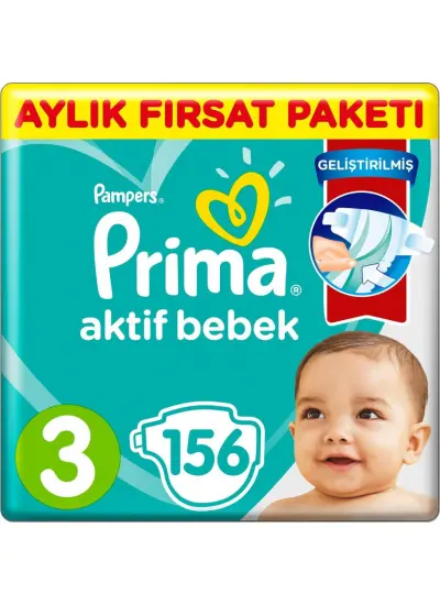 Prima Bebek Bezi Aktif Bebek 3 Beden Aylık Fırsat Paketi 156 Adet