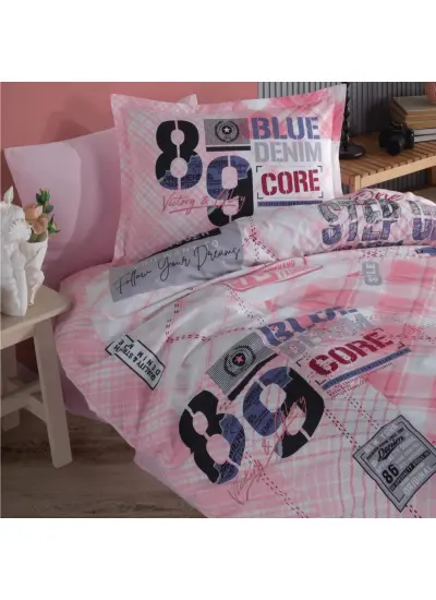 Genç Ranforce Tek Kişilik Nevresim Takımı Denim v1 Pembe