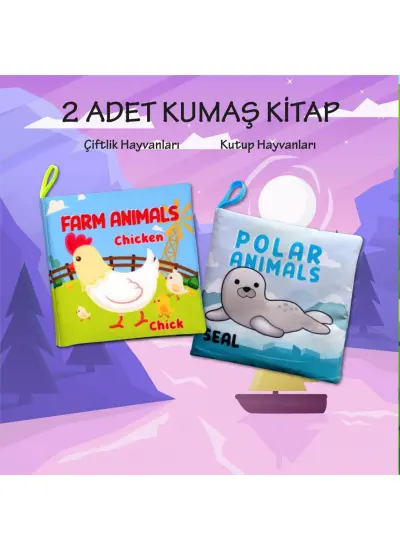 2 Kitap  İngilizce Çiftlik Hayvanları ve Kutup Hayvanları Kumaş Sessiz Kitap