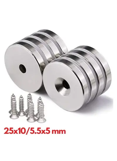 25x10/5x5.5 Mm Havşa Delikli Neodyum Mıknatıs - Güçlü N35 Nikel Kaplama Magnet