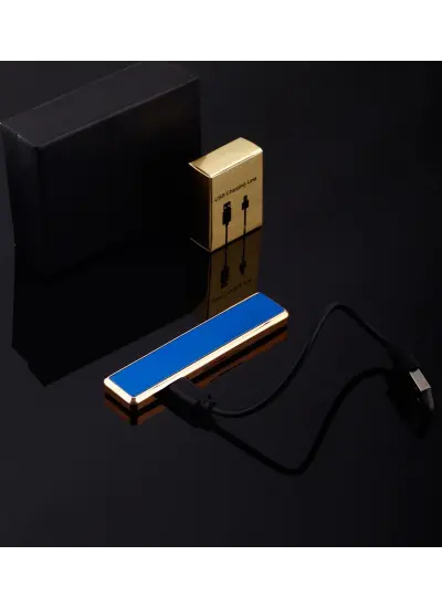 Şık Görünümlü Usb Şarjlı Rezistanslı İnce Slim Metal Çakmak (mavi)